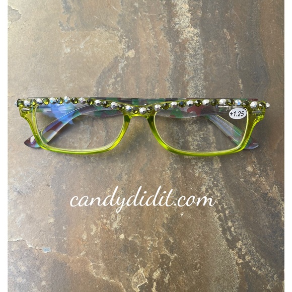 Translucent Chartreuse Camo W/Chartreuse Crystals Bling Reader Glasses With Case - Picture 2 of 11